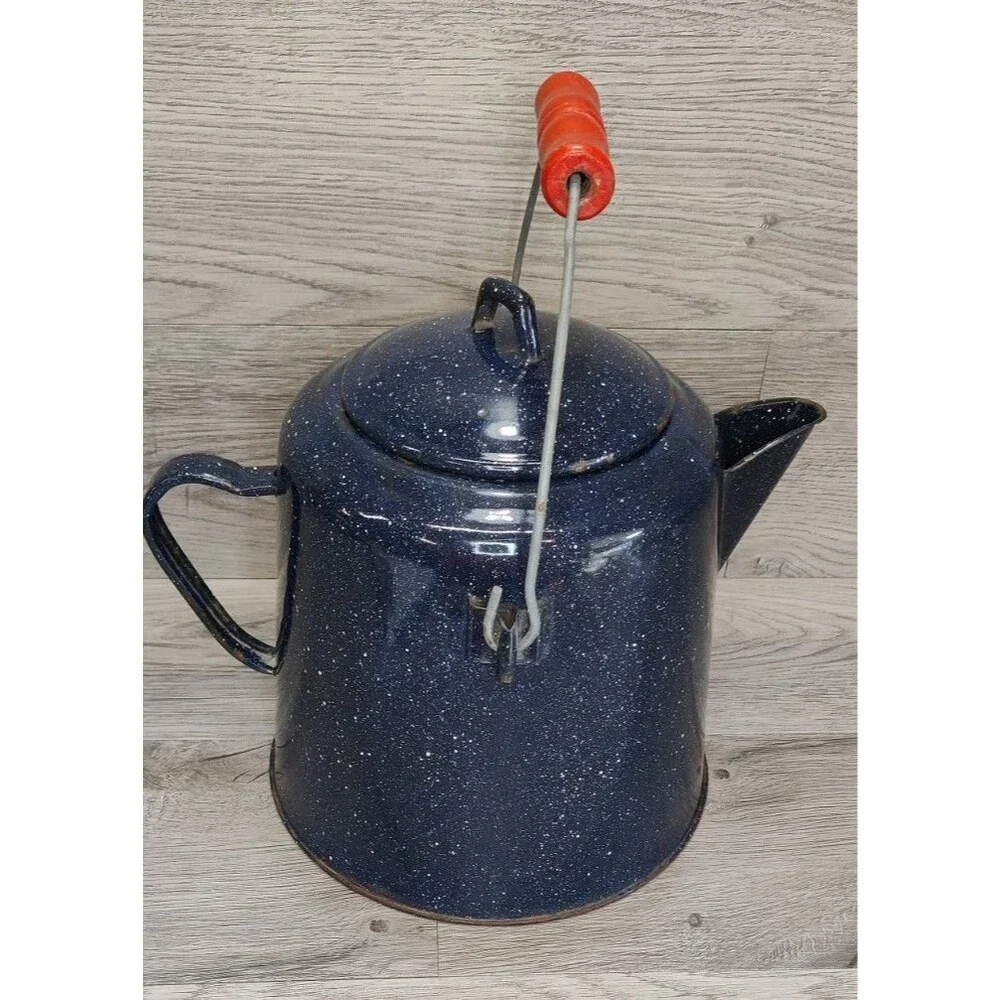 Large Vintage Enamelware Dark Blue-White Speckled Cowboy Coffee Kettle Pot